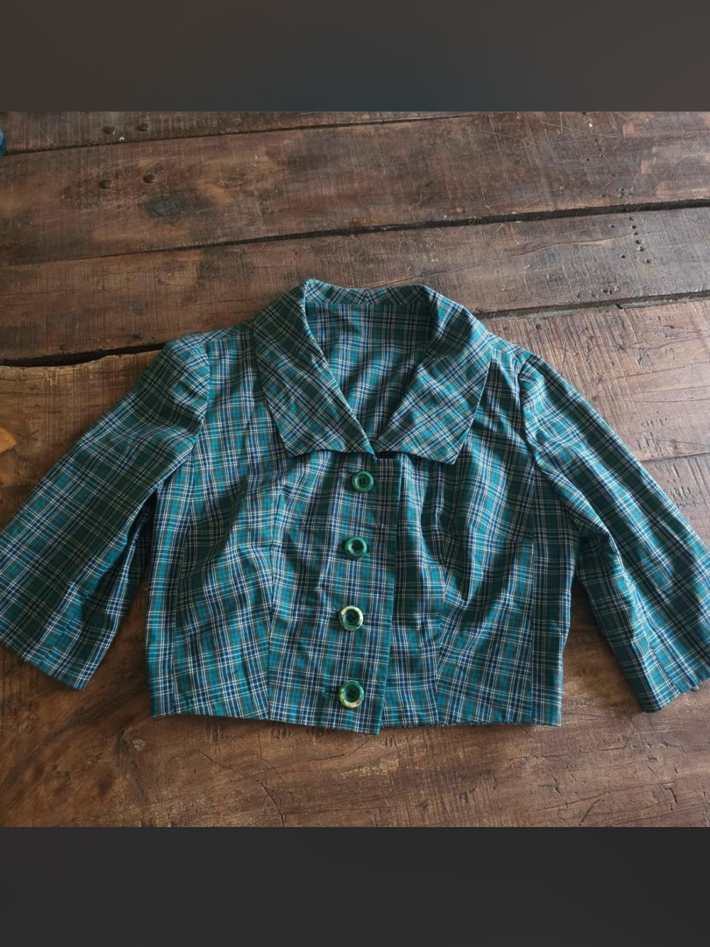 Vintage 1950s Plaid Cropped Jacket Teal Green Mid-Century Button Front Top Shirt